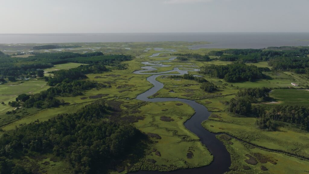 a river winds through wetlands close to the coast